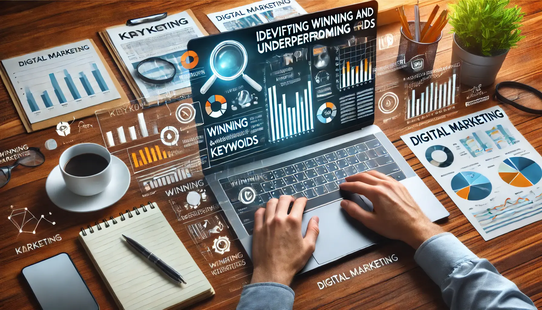 A digital marketing professional analyzing keyword performance metrics on a laptop.