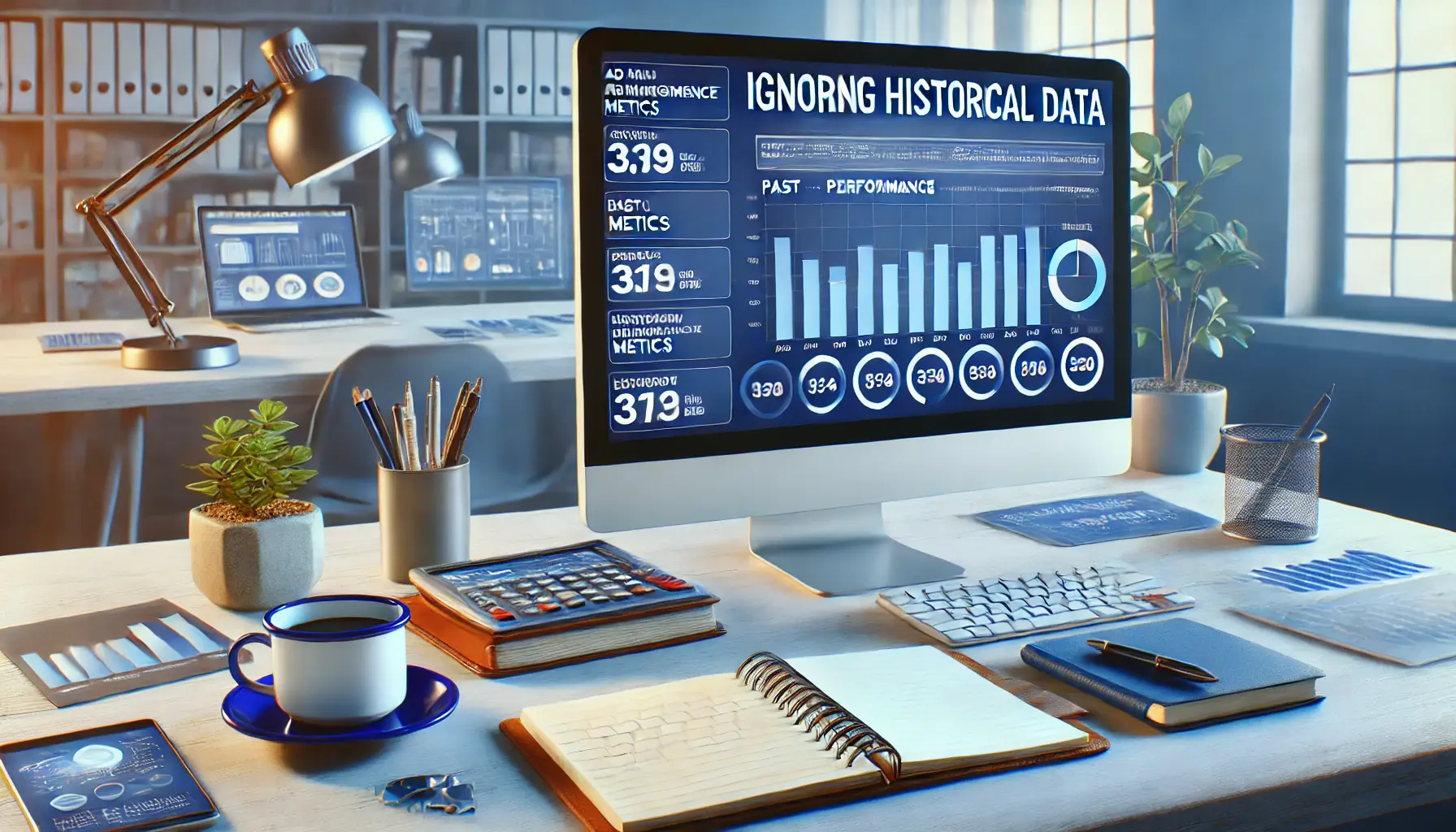 A digital marketing workspace showing a computer with an ad management dashboard lacking past performance metrics, symbolizing the mistake of ignoring historical data.