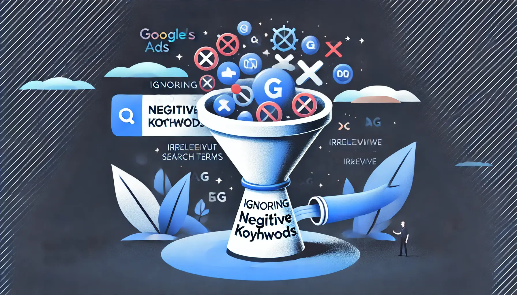 Visual representation of ignoring negative keywords, featuring irrelevant search terms, wasted ad impressions, and a funnel showing irrelevant traffic.