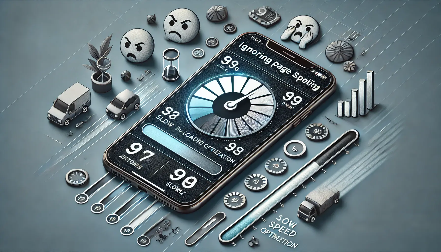 Smartphone displaying a slow-loading ad with a loading icon, symbolizing the negative impact of ignoring page speed optimization