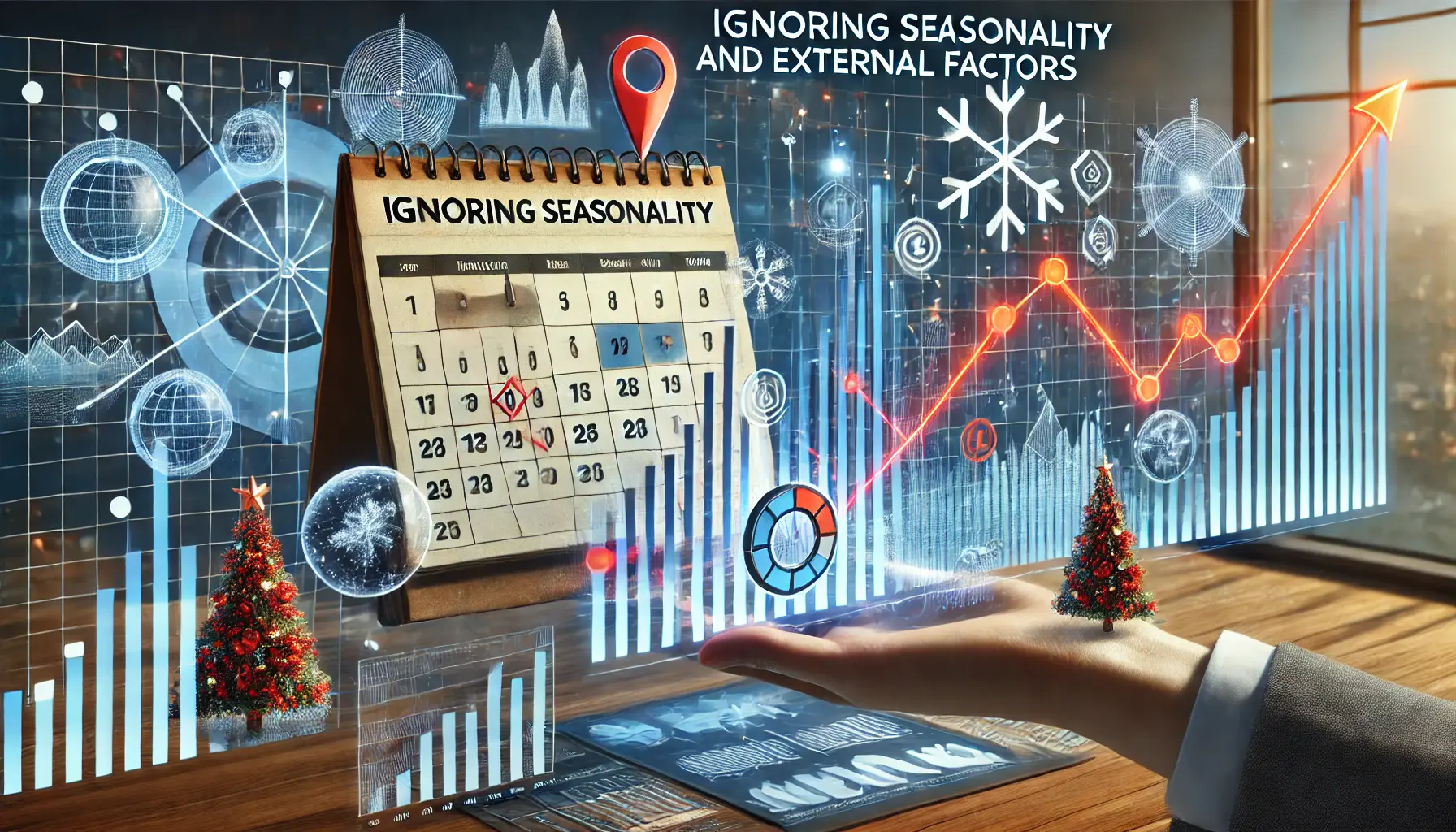 An illustrative image depicting ignoring seasonality and external factors in digital marketing analysis, featuring a calendar and performance graphs.