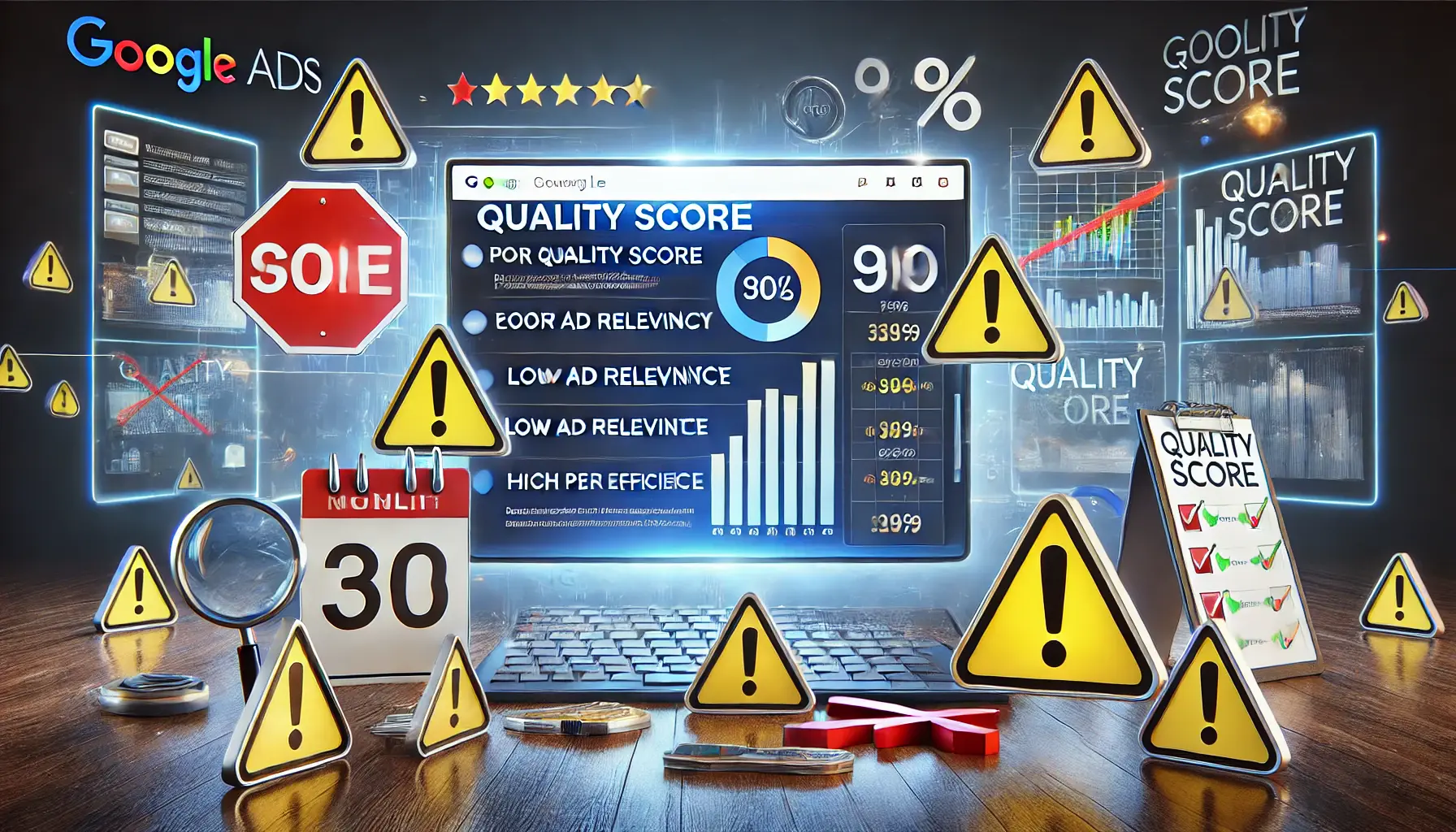 A Google Ads dashboard displaying poor quality scores, low ad relevance, and high costs per click, with warning icons indicating the consequences of neglecting quality score, surrounded by abstract symbols representing missed opportunities and inefficiency.