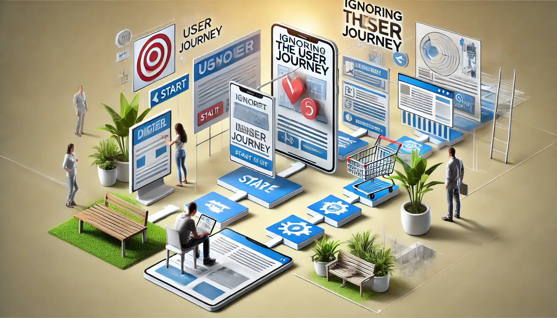 Digital marketing scene showing a fragmented user journey with disconnected screens as a user tries to navigate toward a conversion goal