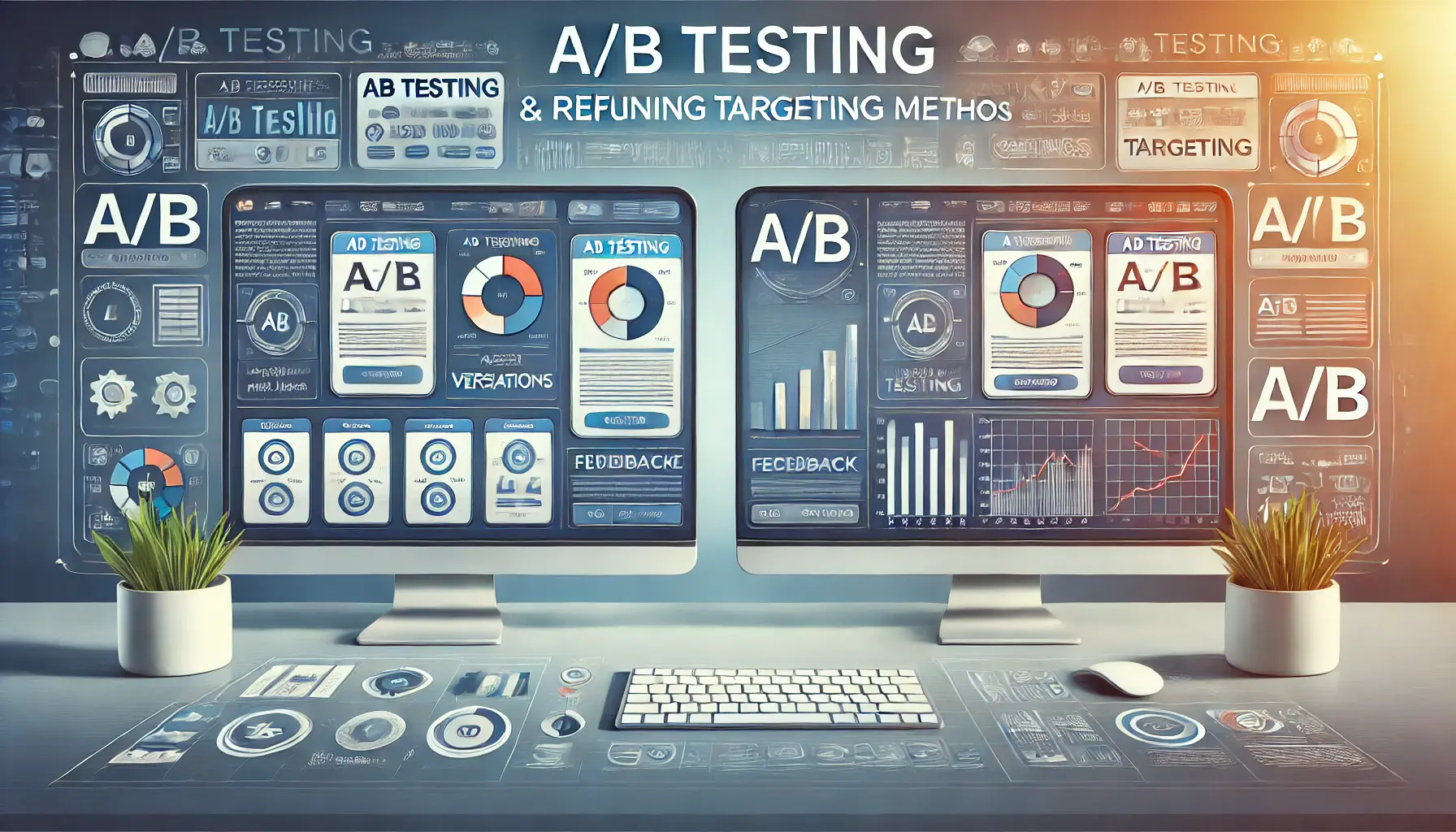 An illustration depicting A/B testing in digital marketing with two computer screens showing different ad variations.