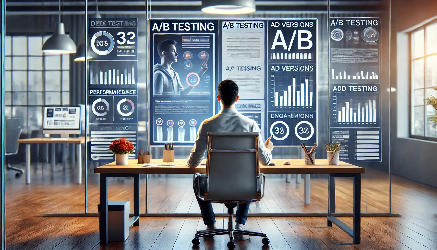 A digital marketer conducting A/B testing for an ad campaign, comparing two versions of an ad based on performance metrics.