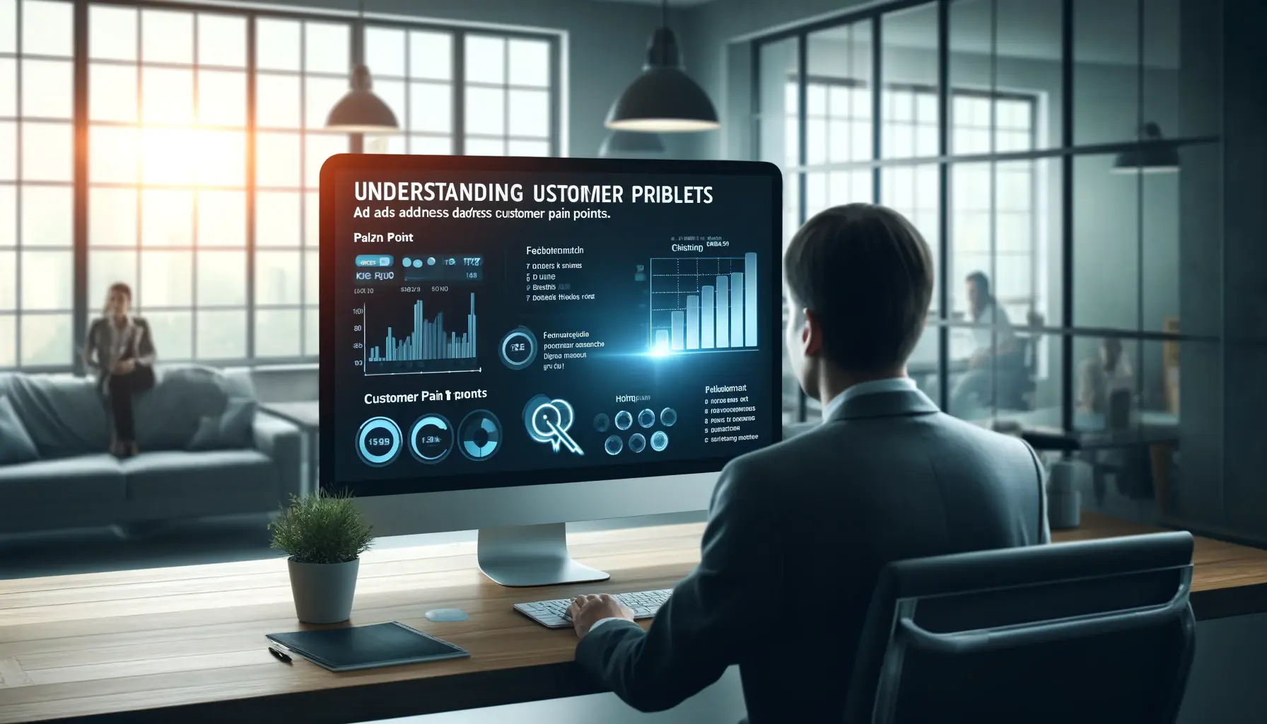 A digital marketer analyzing customer pain points using data and feedback on a computer screen.