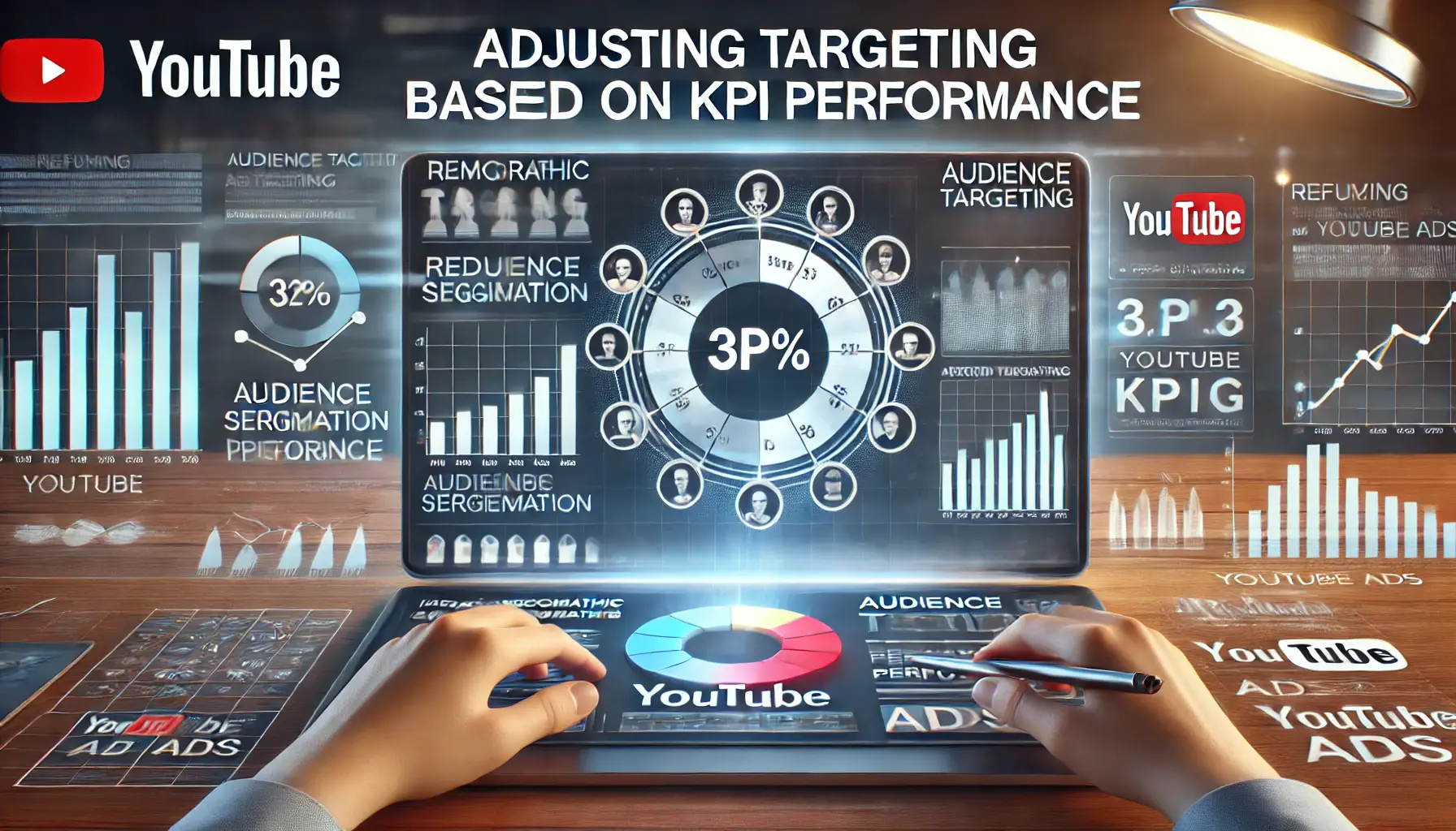 Digital dashboard showing targeting metrics with demographic visuals, audience segmentation, and performance indicators for YouTube ads.