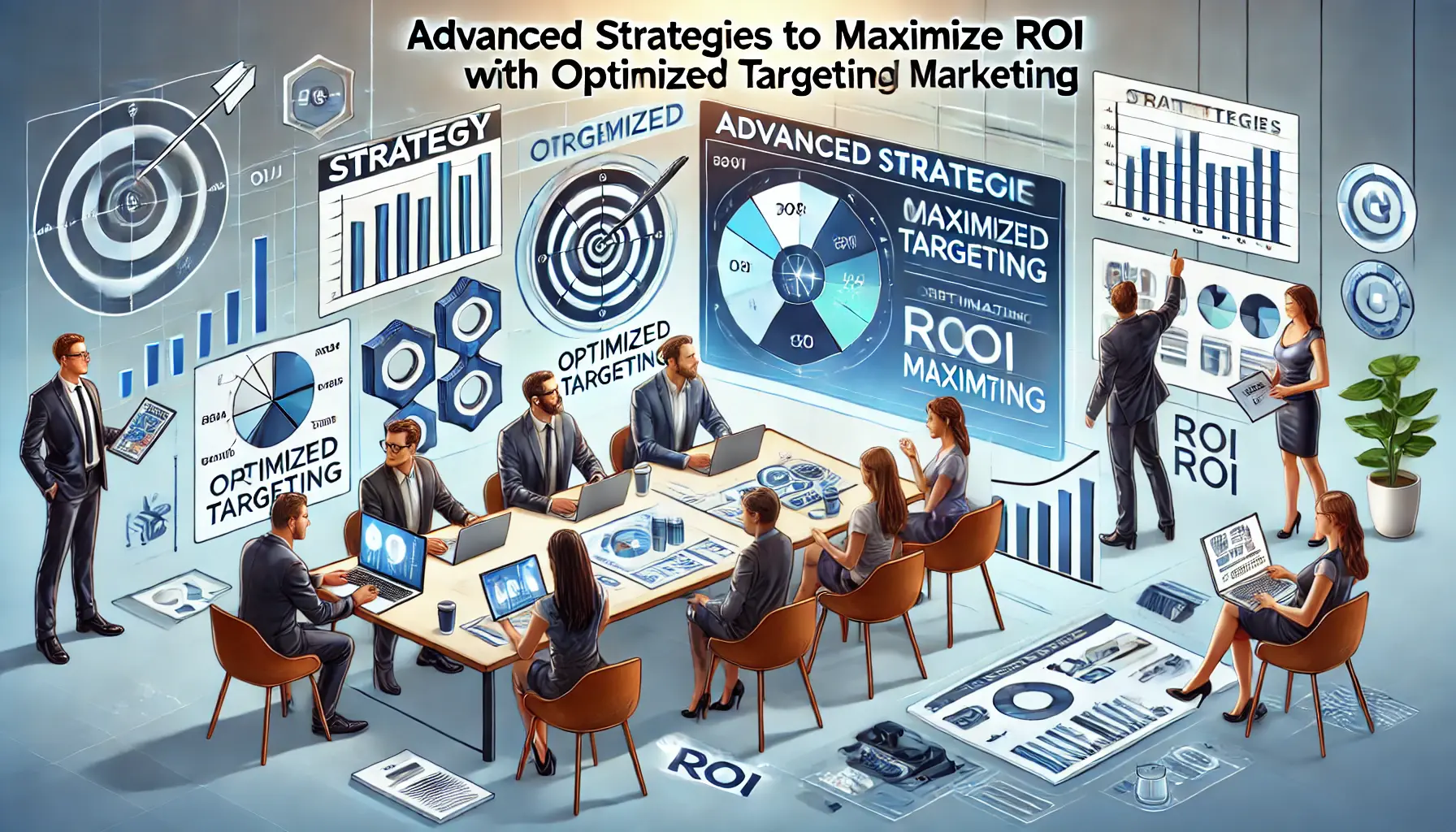 An illustration depicting a strategy session for maximizing ROI in digital marketing with a diverse team.