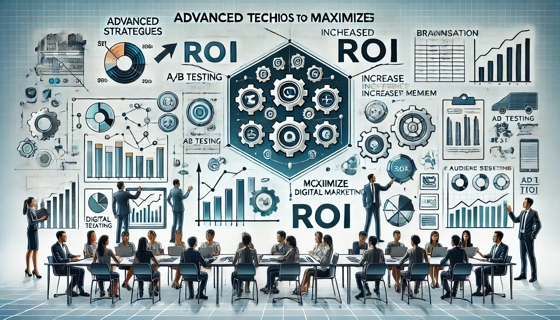 An illustration depicting advanced techniques to maximize ROI in digital marketing with graphs and team collaboration.