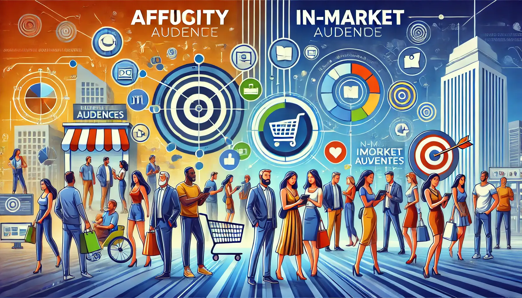 An illustration depicting affinity and in-market audience targeting in digital marketing with diverse individuals.