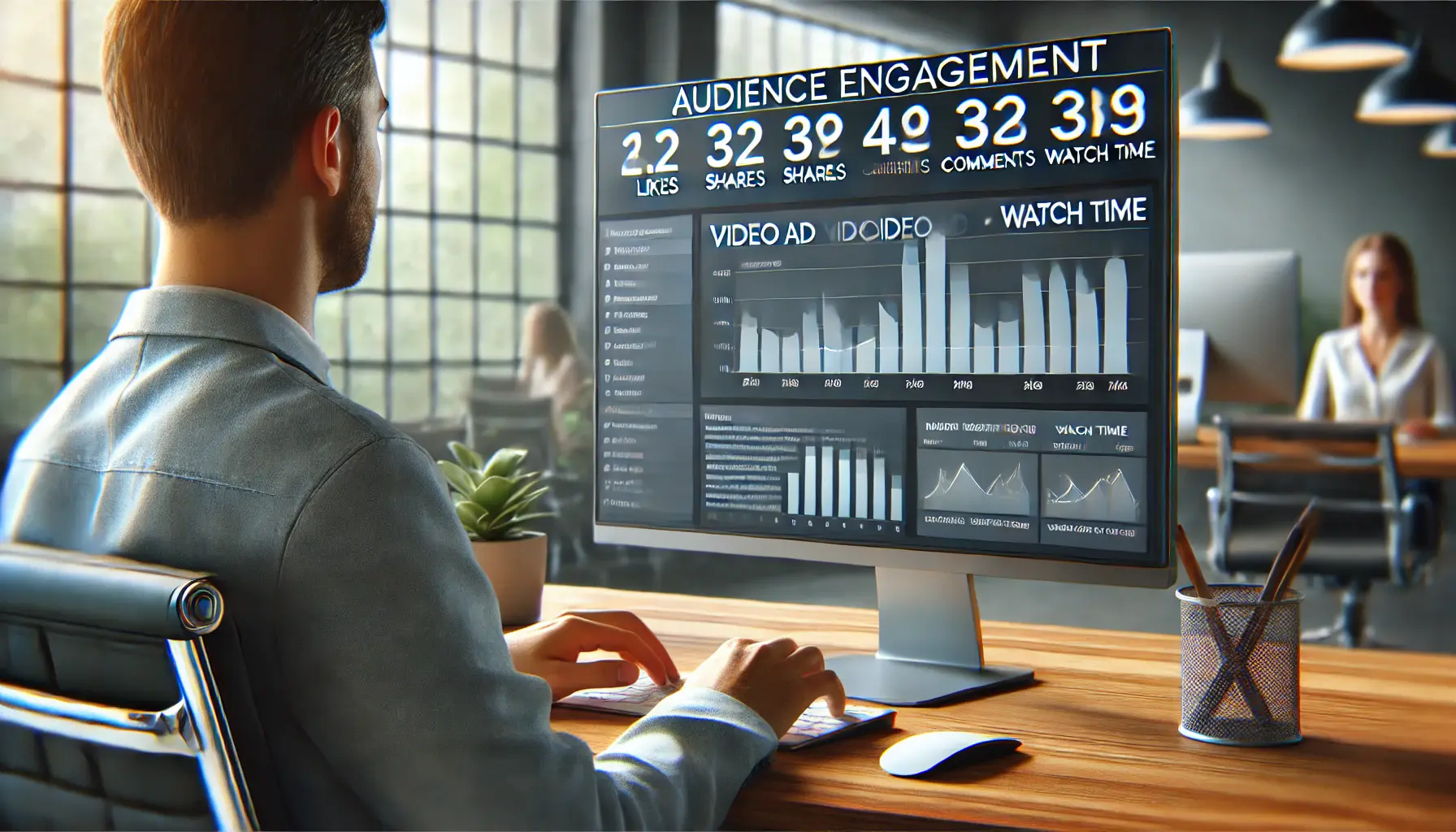 A digital marketer analyzing audience engagement metrics such as likes, shares, comments, and watch time on a computer screen.