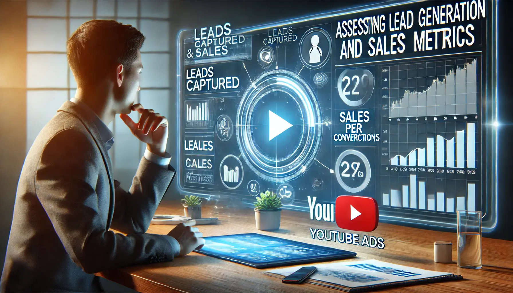 Digital dashboard showing lead generation and sales metrics with indicators for leads captured, sales conversions, and cost per lead.