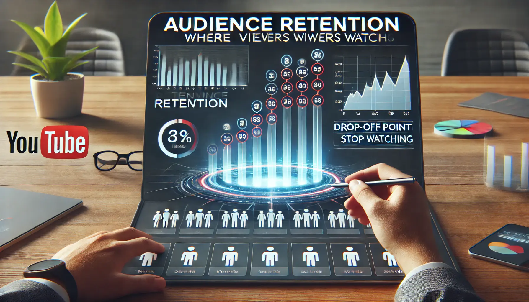 Digital dashboard showing audience retention metrics with retention graphs and drop-off markers for YouTube ads.