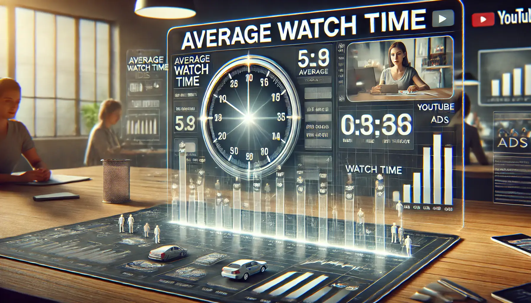 Digital dashboard showing average watch time metrics with engagement graphs and viewer drop-off indicators.