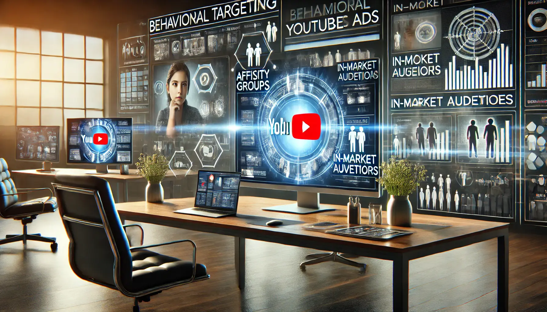 Digital workspace emphasizing behavioral targeting options for YouTube Ads with audience insights