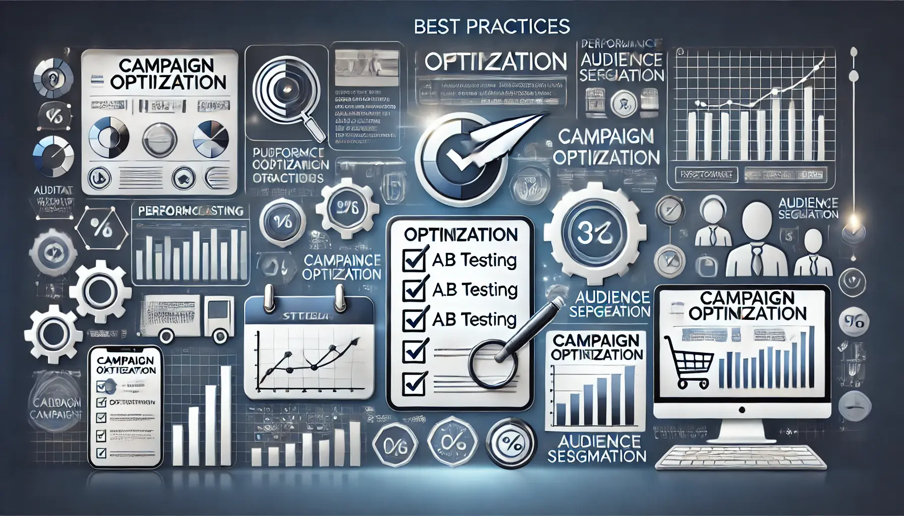 An illustration depicting best practices for optimizing digital marketing campaigns with strategic elements.