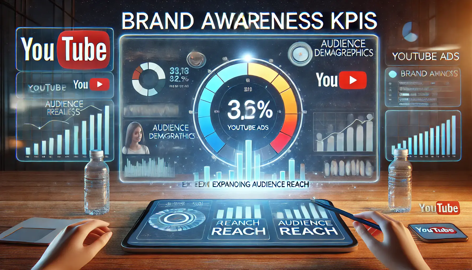 Digital dashboard showing brand awareness KPIs with reach indicators, audience demographics, and engagement levels for YouTube ads.