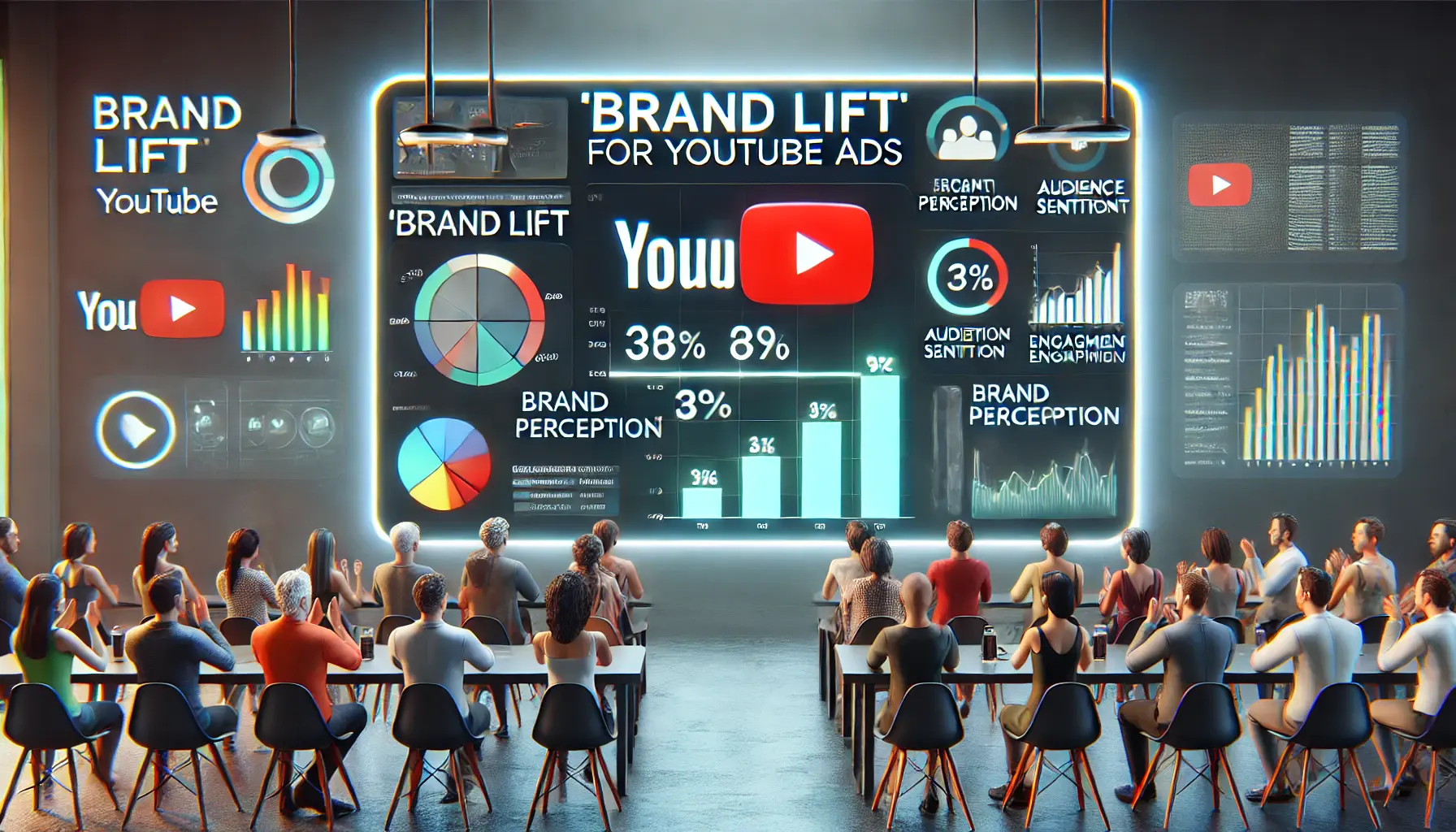 Digital dashboard showing brand lift metrics with brand perception indicators, audience sentiment graphs, and engagement visuals for YouTube ads.