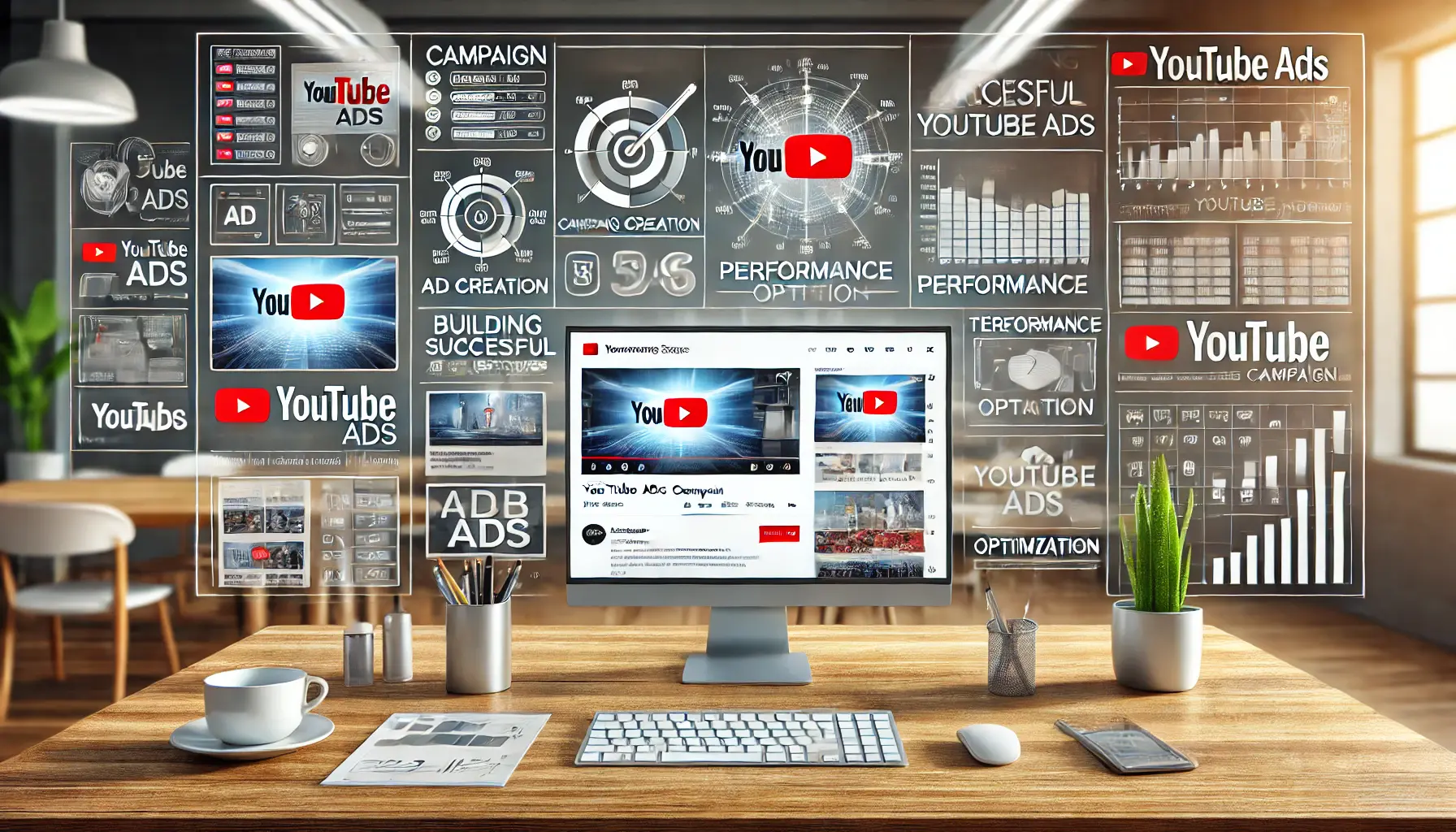 Digital workspace showcasing the steps to build a successful YouTube Ads campaign