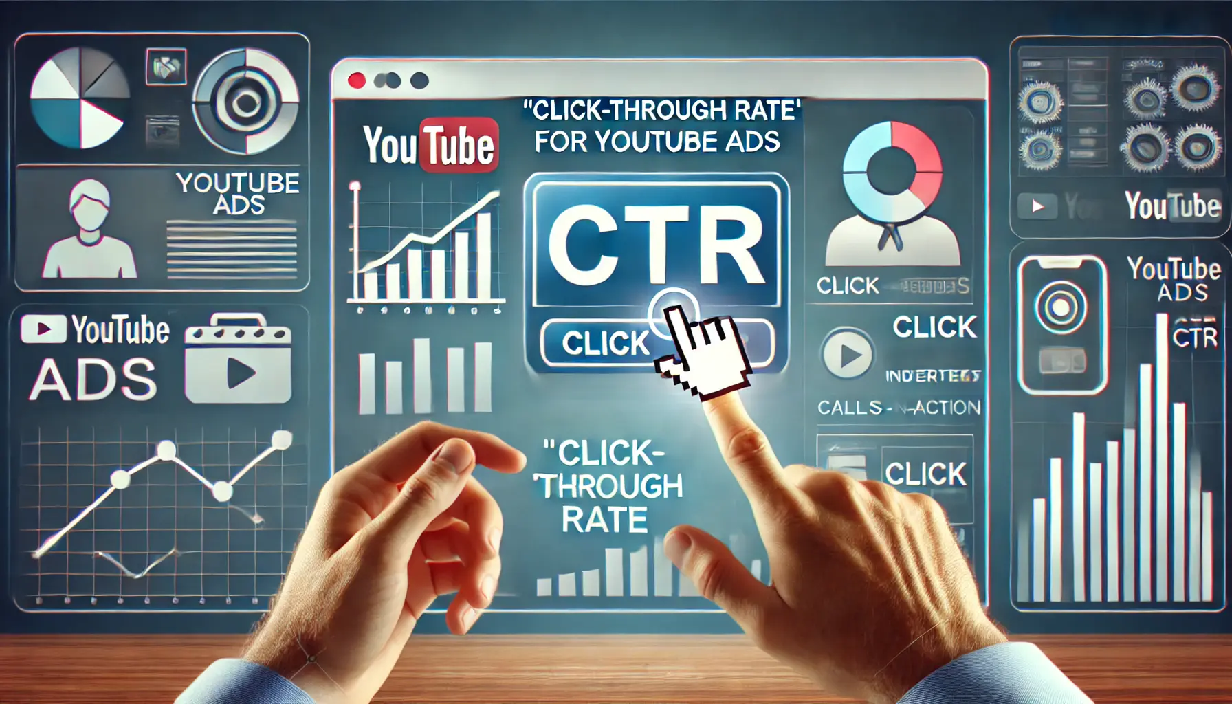 Digital dashboard showing click-through rate metrics with click indicators and engagement graphs for YouTube ads.