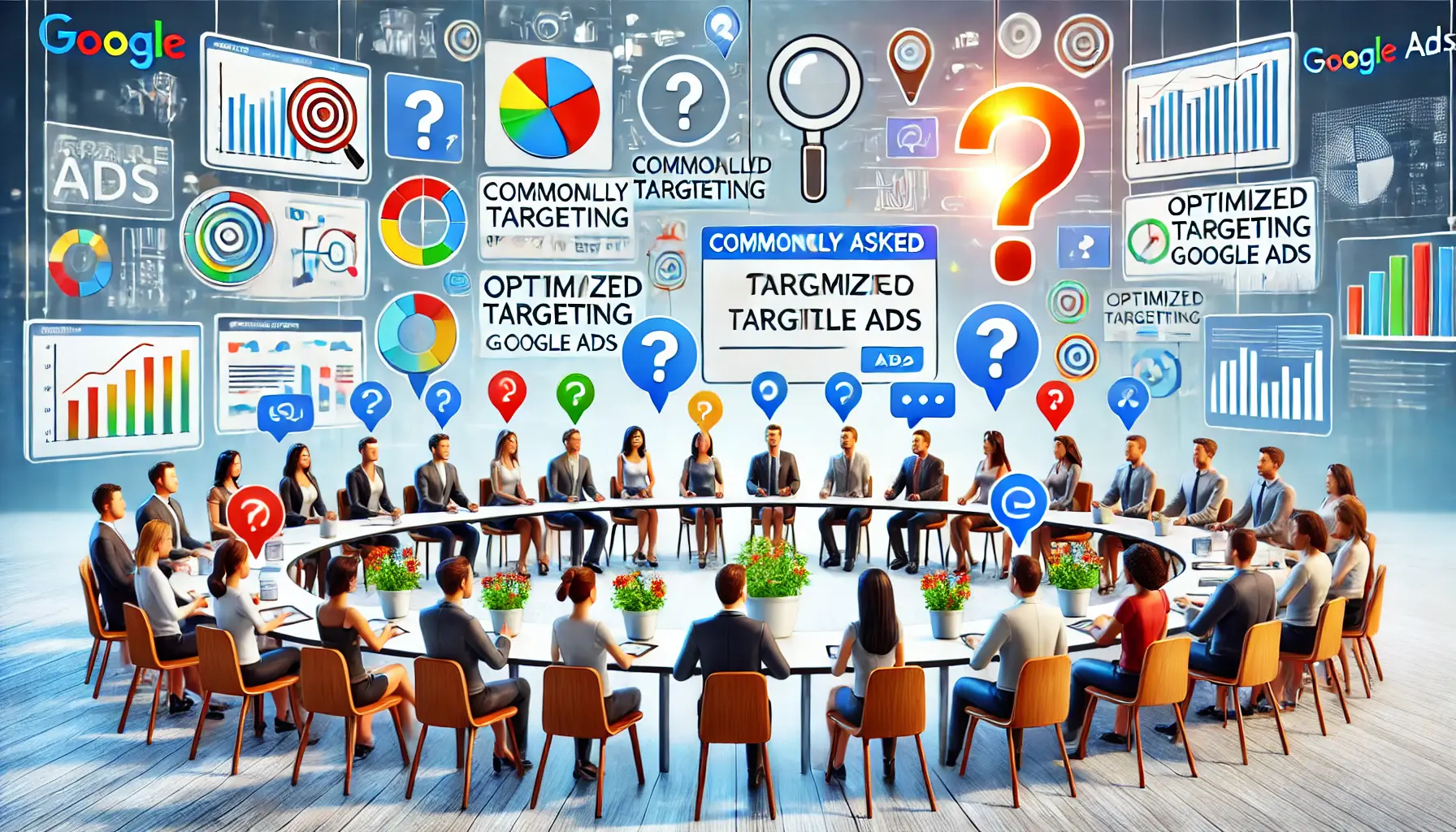 An illustration depicting a meeting discussing questions about optimized targeting in Google Ads.