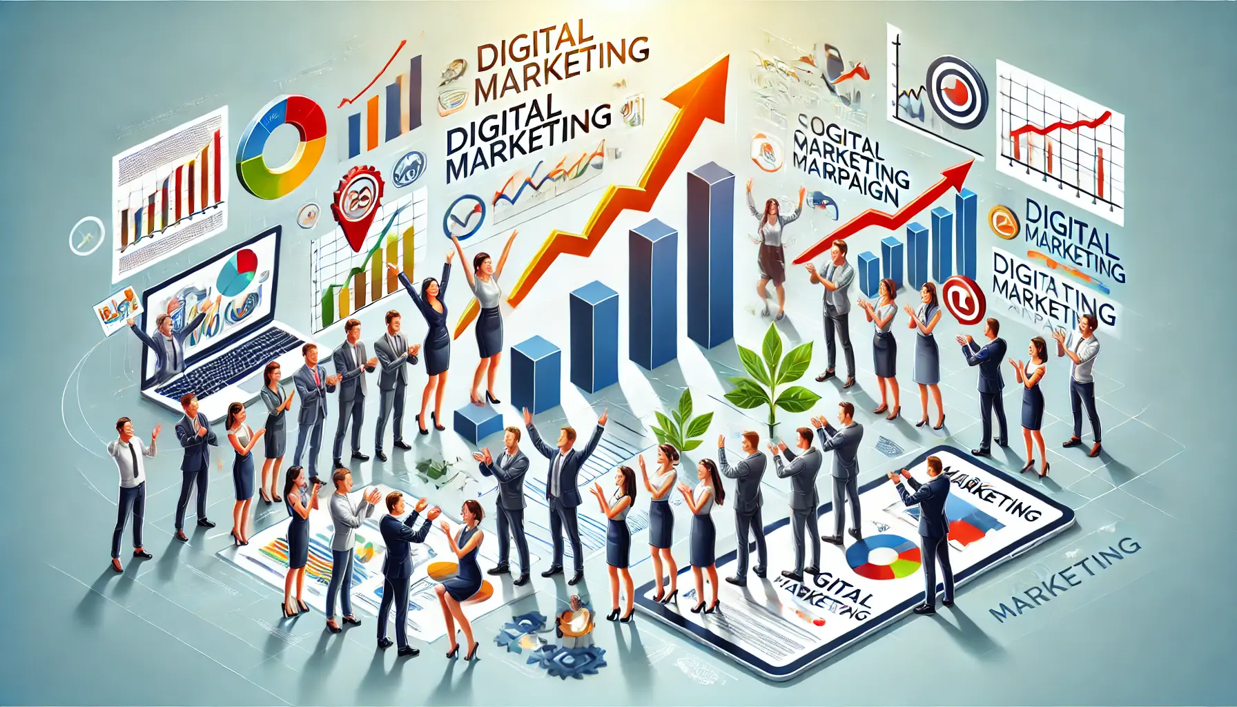 An illustration representing the conclusion of a digital marketing article with a celebration of success.