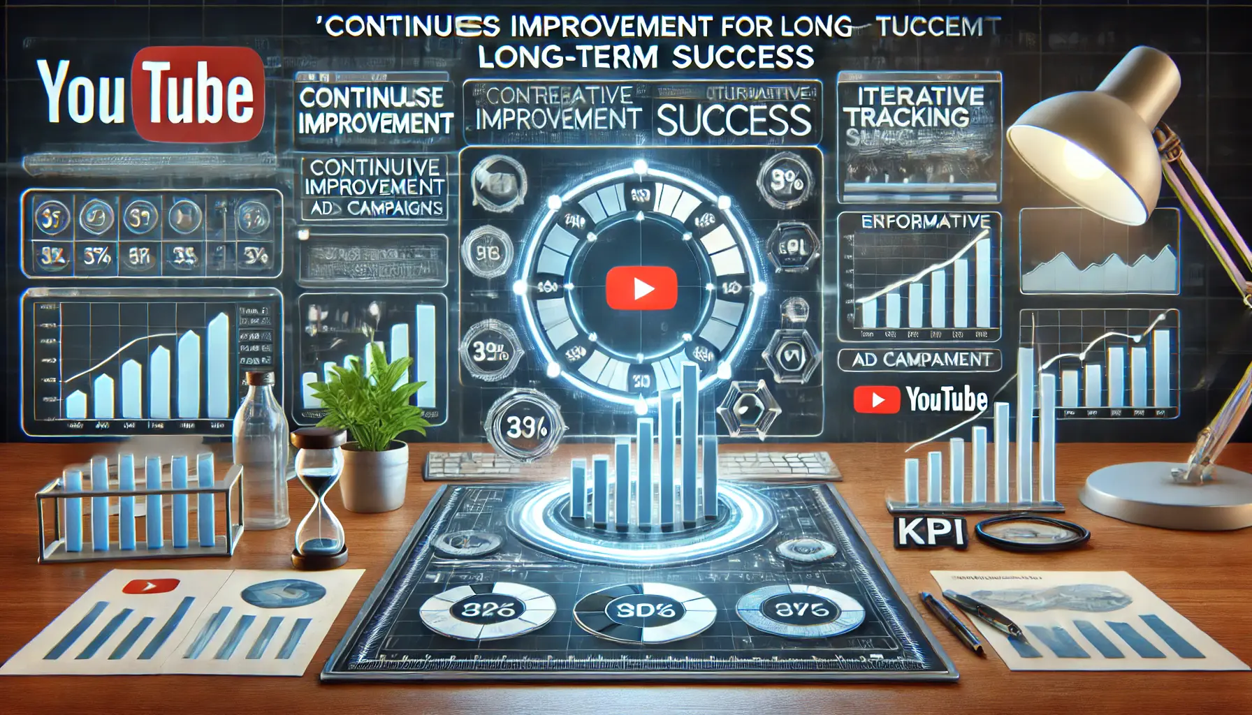 Digital dashboard showing progress graphs, performance tracking metrics, and optimization visuals for YouTube ad campaigns.