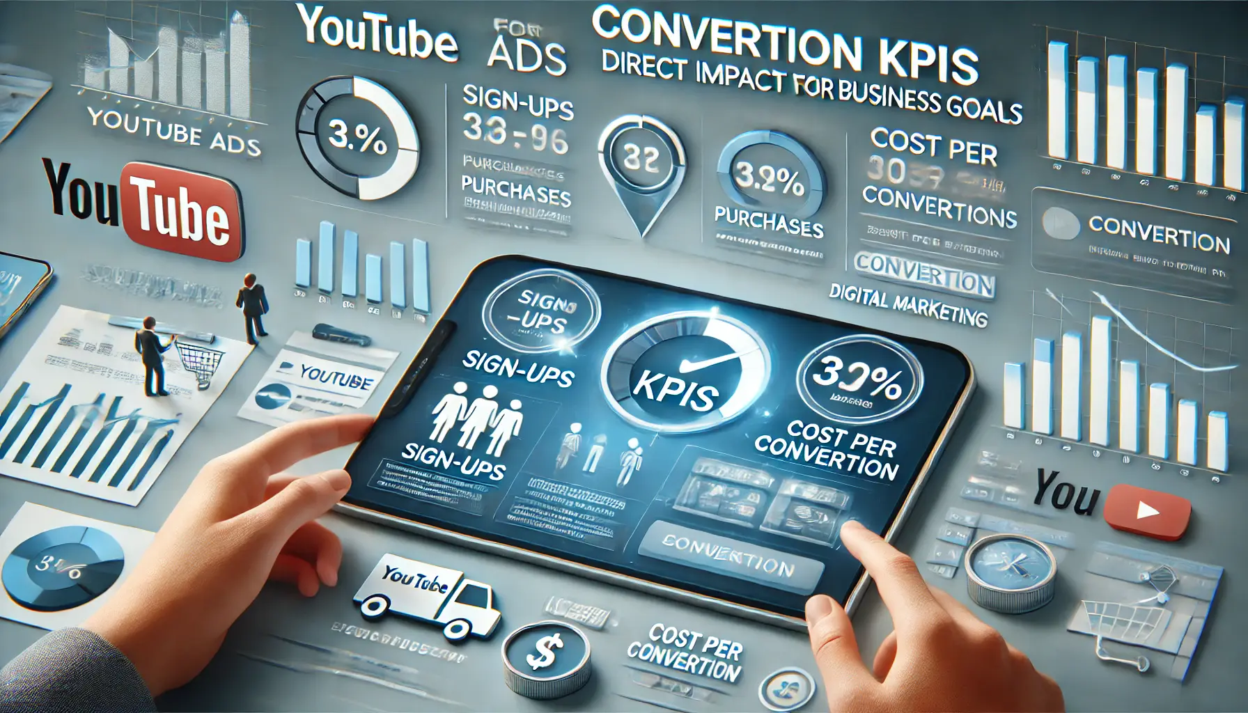 Digital dashboard showing conversion KPIs with metrics like sign-ups, purchases, and cost per conversion for YouTube ads.