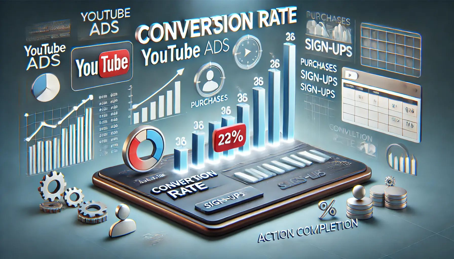 Digital dashboard showing conversion rate metrics with indicators like purchases, sign-ups, and completion graphs for YouTube ads.