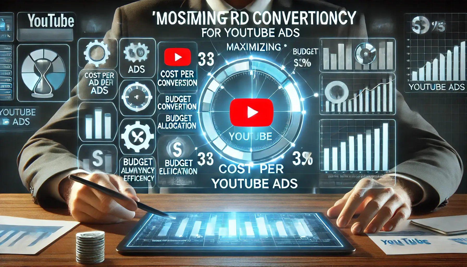 Digital dashboard showing cost per conversion metrics with budget allocation and efficiency graphs for YouTube ads.