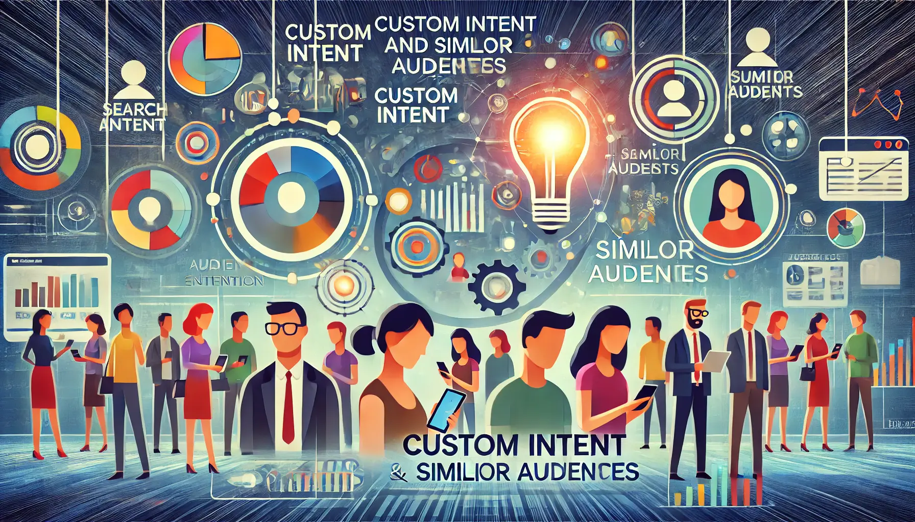 An illustration depicting custom intent and similar audiences in digital marketing with diverse individuals using devices.