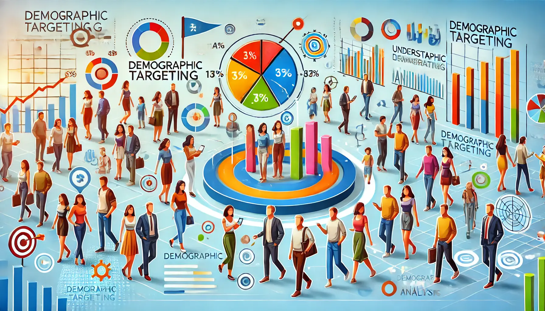 An illustration depicting demographic targeting in digital marketing with diverse groups of people.