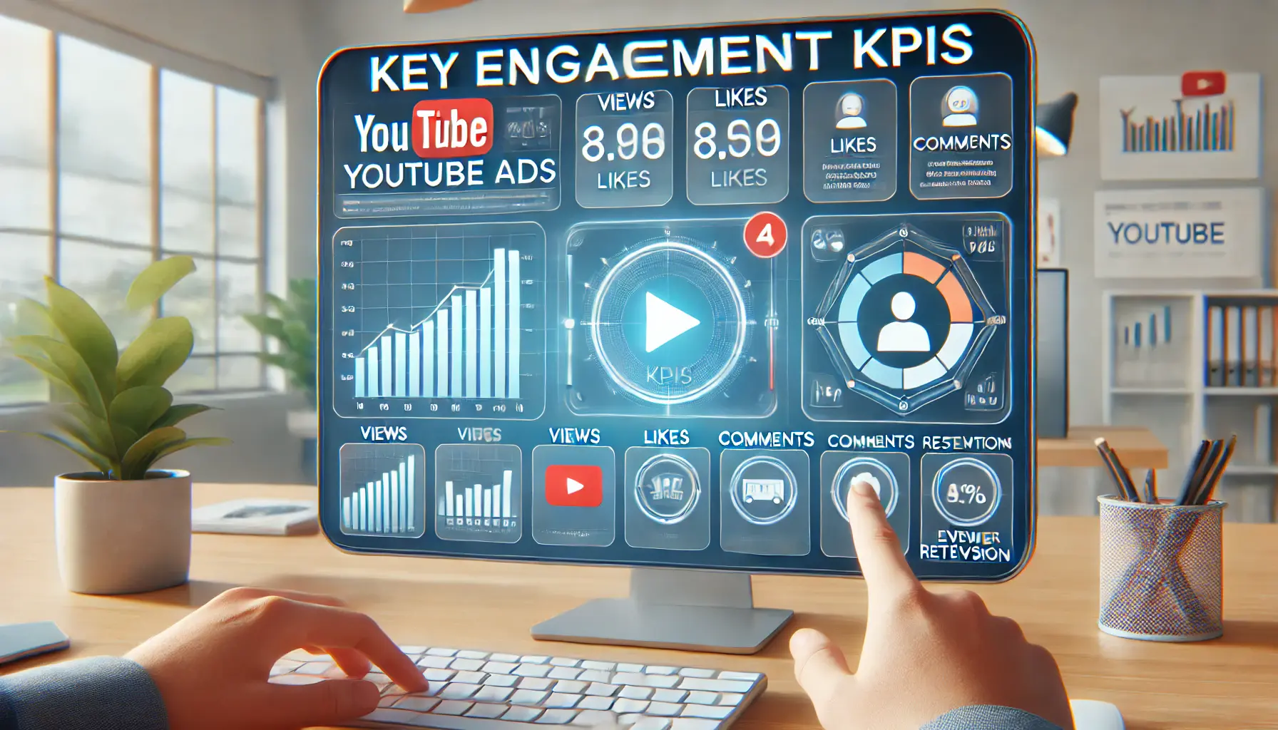 Digital dashboard showing engagement KPIs like views, likes, and viewer retention for YouTube ads.