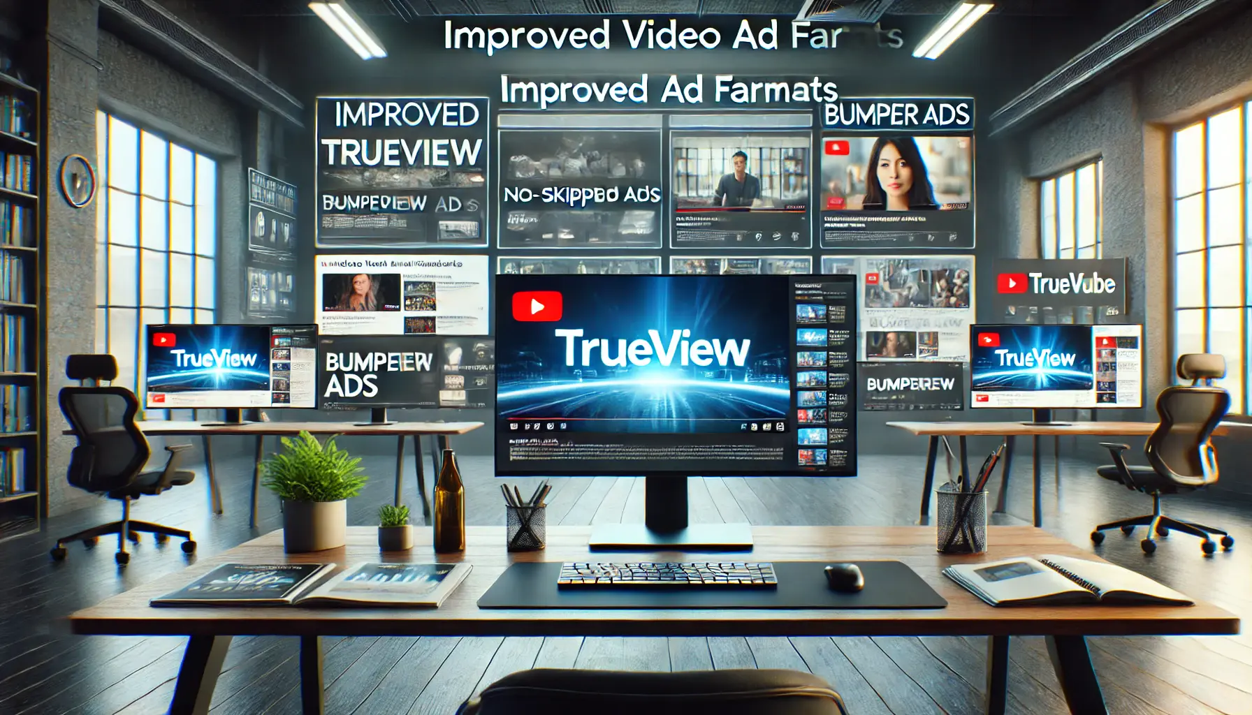 Digital workspace showcasing improved video ad formats for YouTube Ads, including TrueView and bumper ads