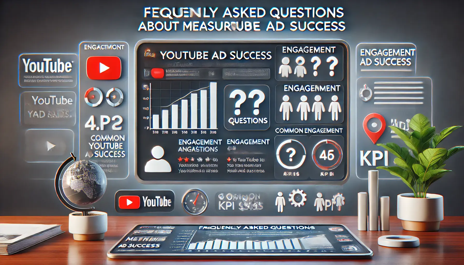 Digital dashboard with question icons, engagement graphs, and KPI indicators for YouTube ad metrics.