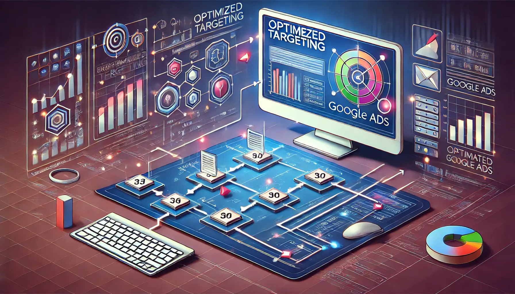 An illustration depicting the workings of optimized targeting in Google Ads with flowchart elements.