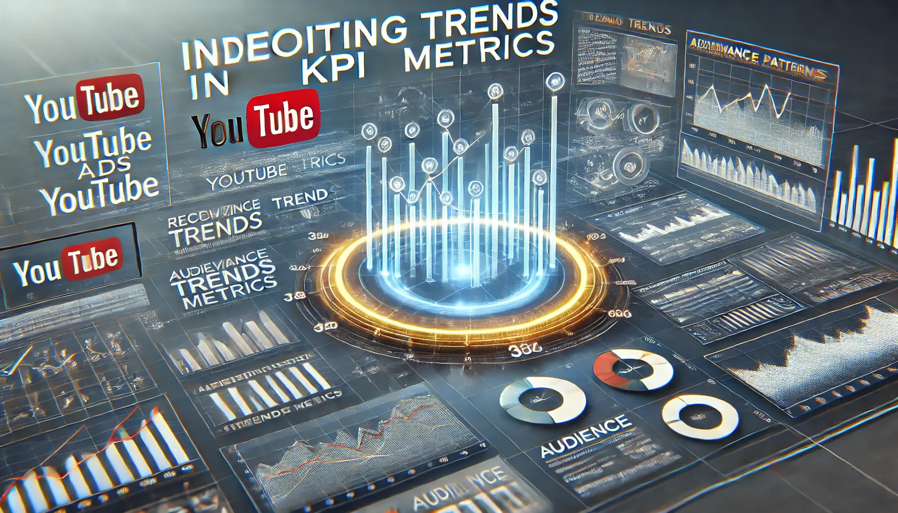 Digital dashboard showing KPI trend metrics with analytics graphs, trend lines, and engagement visuals for YouTube ads.