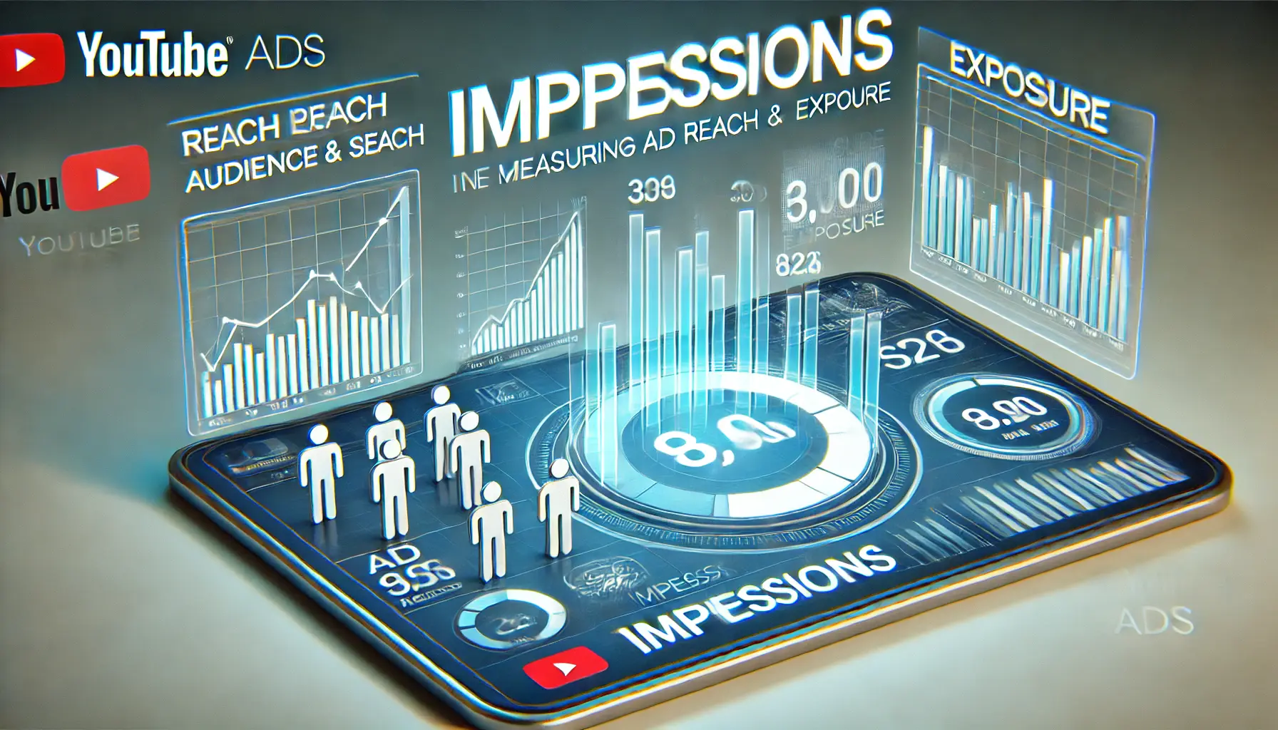 Digital dashboard showing impression metrics with reach indicators, exposure graphs, and audience size visuals for YouTube ads.