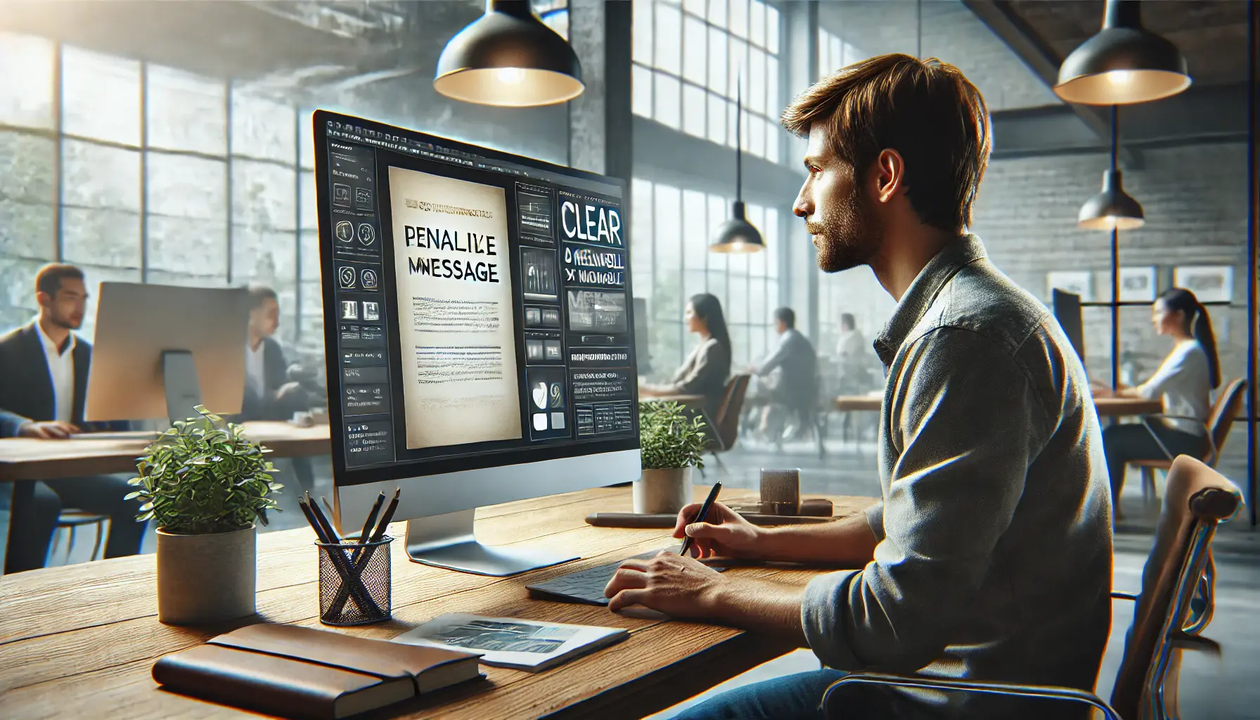 A digital marketer reviewing an ad design on a computer screen, focusing on creating a clear and memorable message.