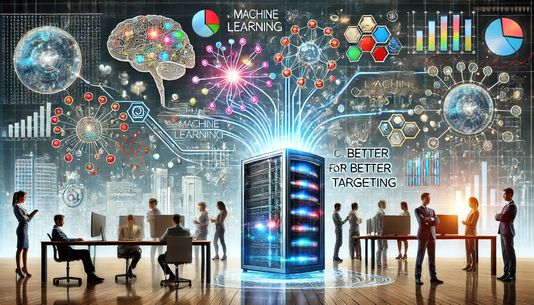 An illustration depicting the integration of machine learning in digital marketing with data processing and teamwork.