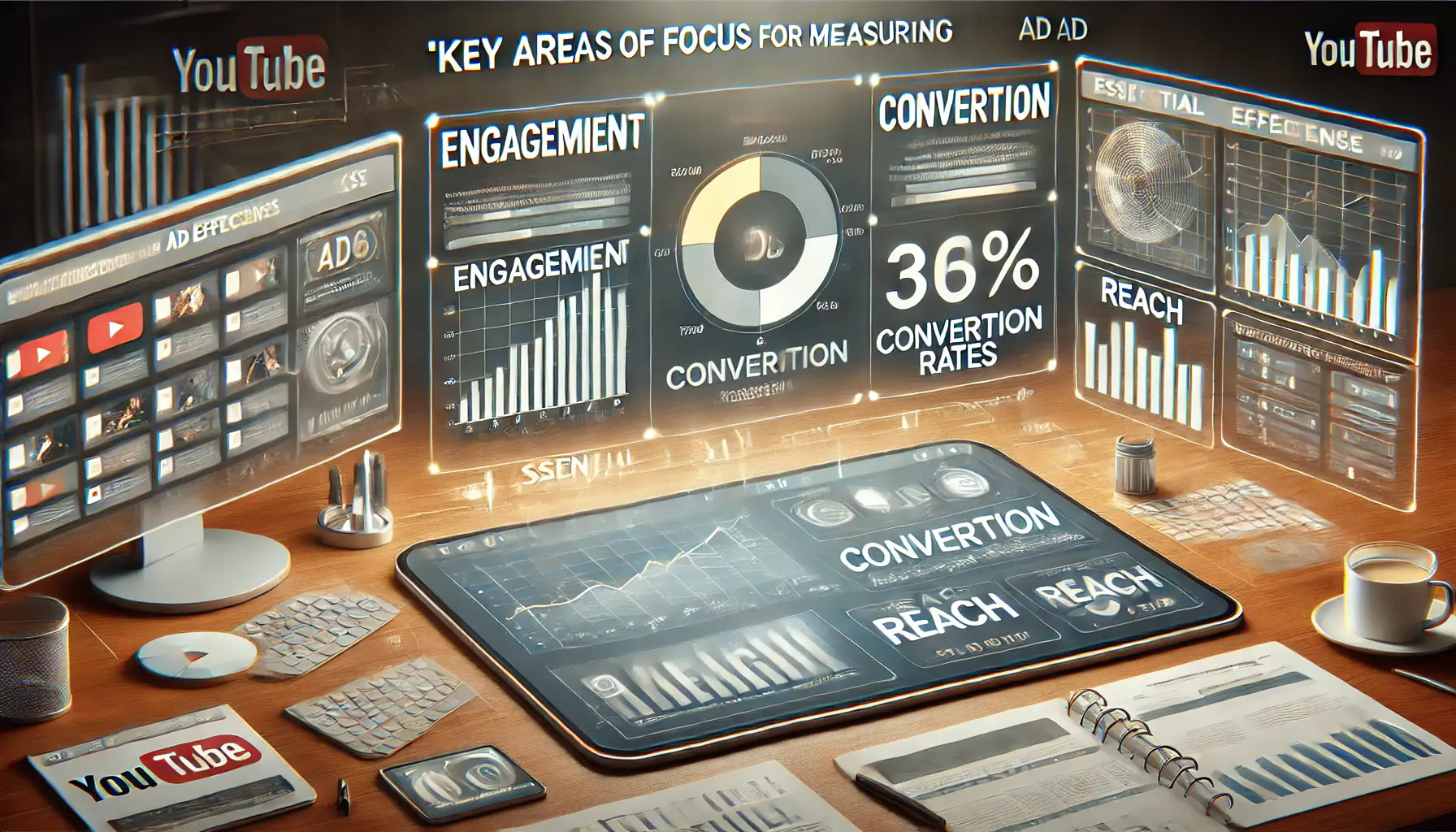 Digital dashboard showing key areas for measuring ad effectiveness with graphs for engagement, conversion rates, and reach analytics.