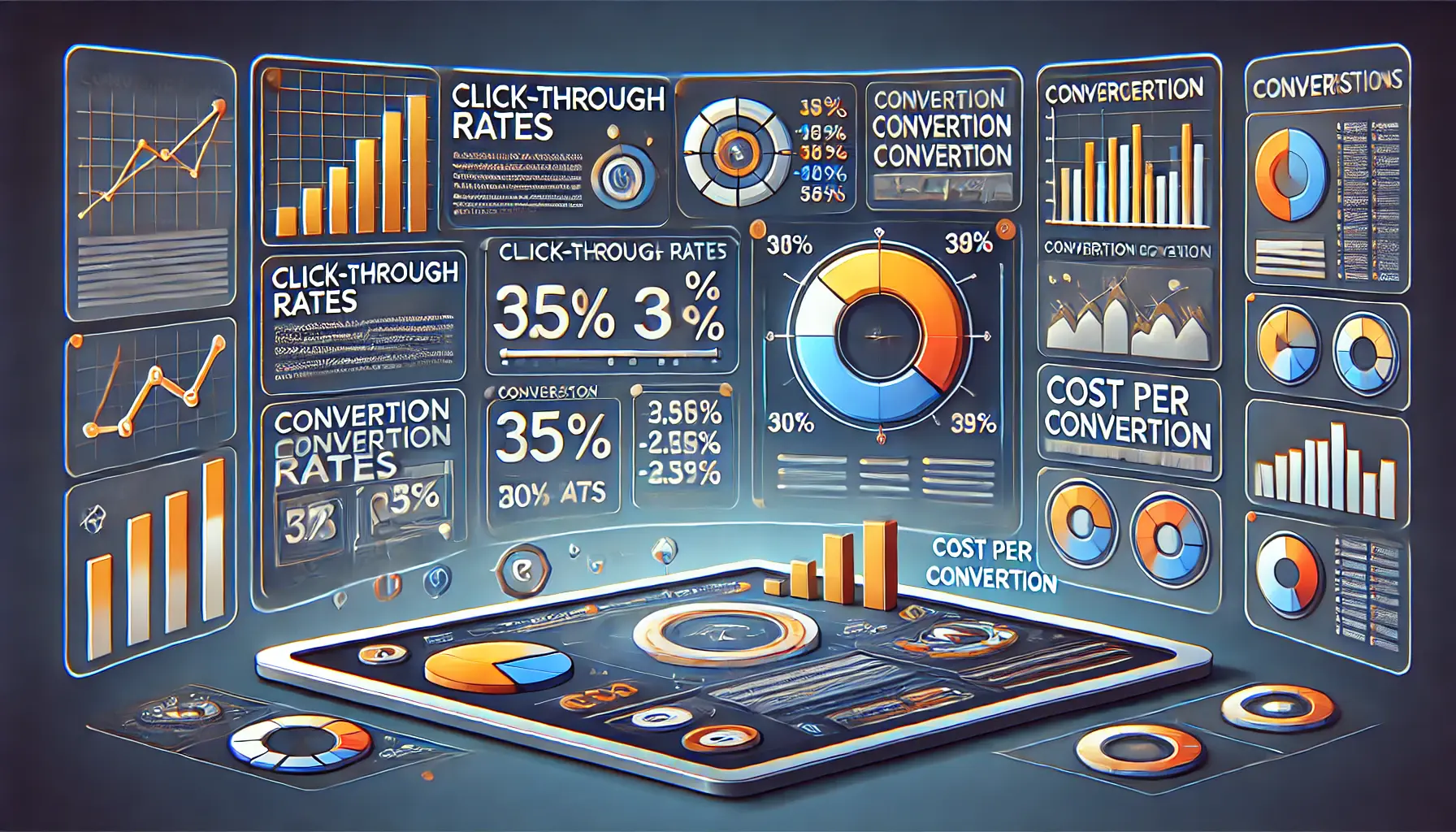 An illustration depicting key metrics to measure campaign success in digital marketing with various graphs.