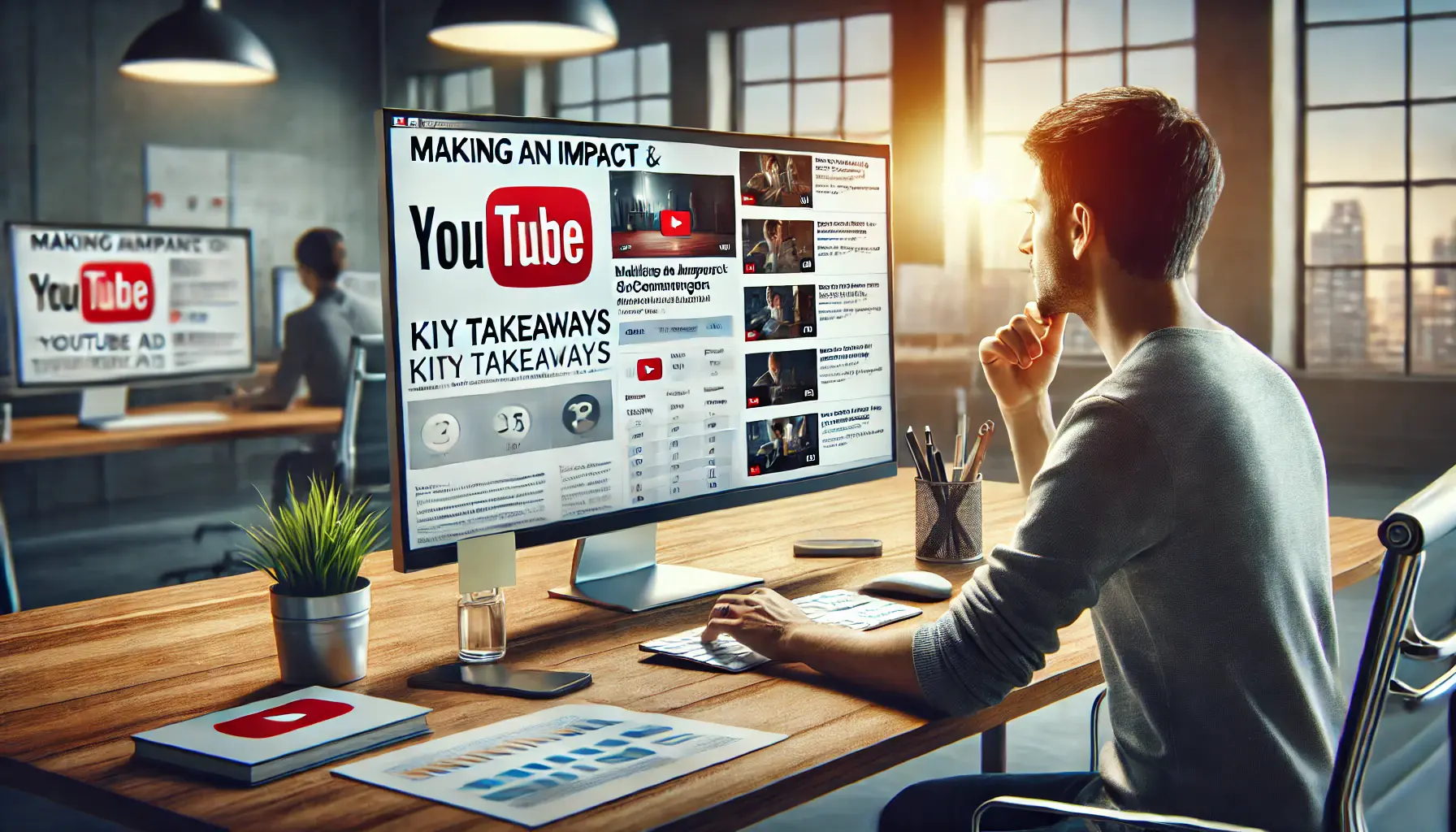 A digital marketer reviewing strategies for making an impact with YouTube ads, analyzing ad performance and engagement.