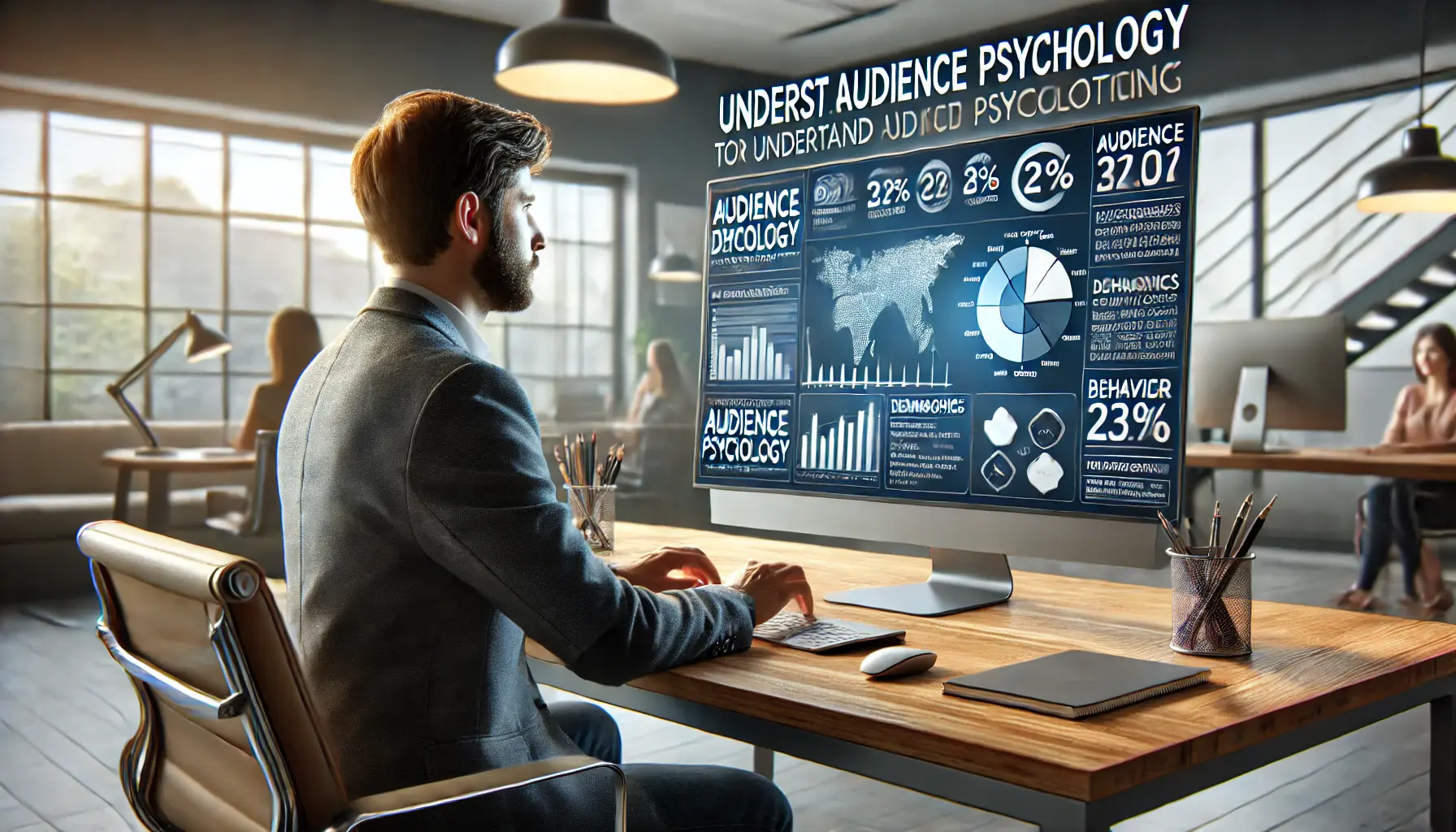 A digital marketer studying audience psychology by analyzing customer data and behavior patterns on a computer screen.