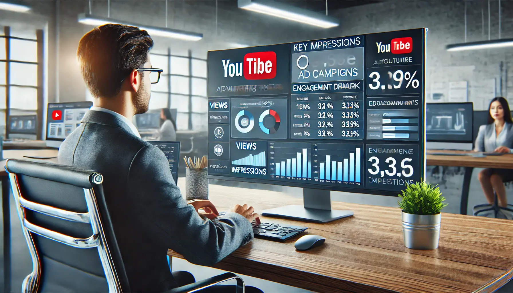 A digital marketer using YouTube's advertising tools and analytics dashboard to analyze key metrics for ad campaign optimization.