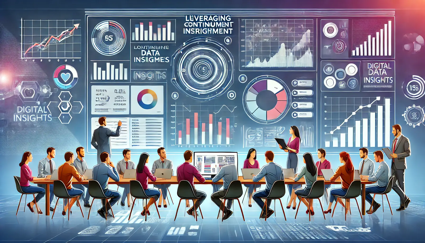 An illustration depicting a team analyzing data insights for continuous improvement in digital marketing.