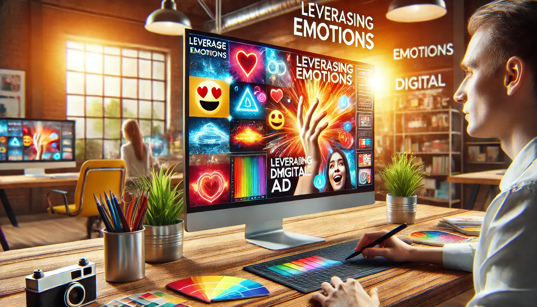 A digital ad creation with visuals that evoke happiness, excitement, and curiosity, symbolizing the use of emotions in advertising.