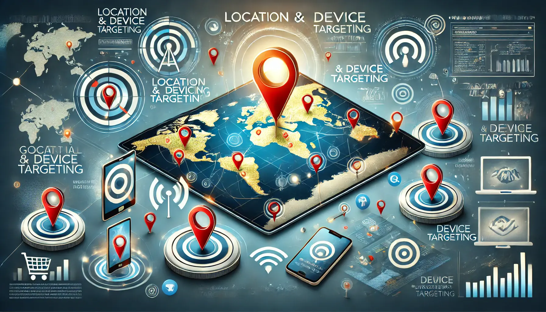 An illustration depicting location and device targeting in digital marketing with a world map and various devices.