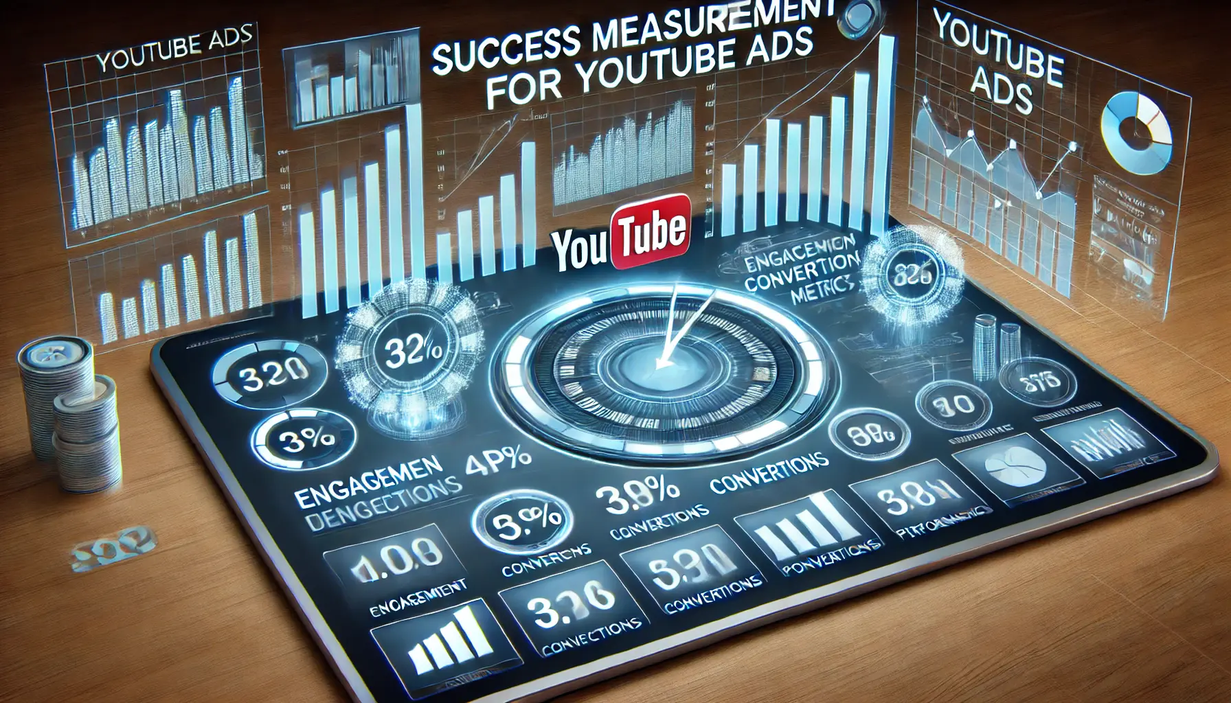 Digital dashboard showing KPI metrics for tracking engagement, conversions, and performance indicators for YouTube ads.