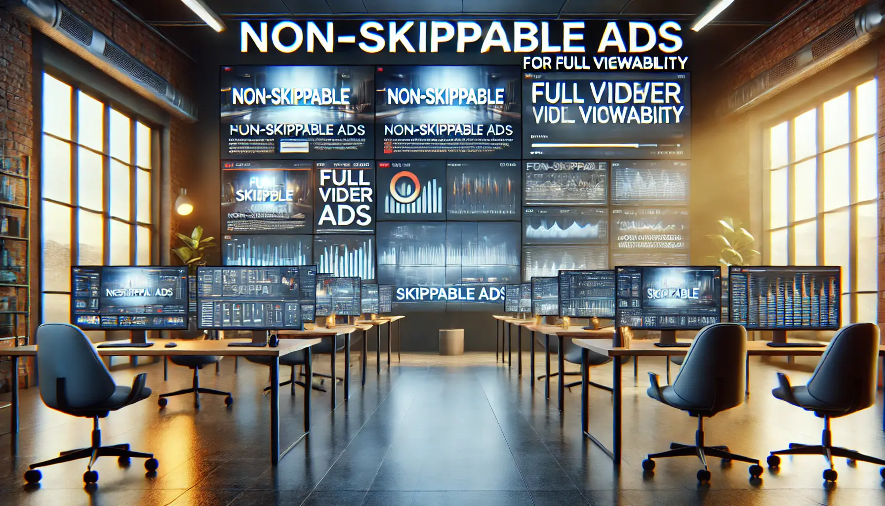 Digital workspace showcasing non-skippable ads with viewer retention data